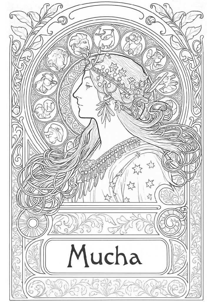 “Zodiac” (Alphonse Mucha) – Free Adult Coloring PDF Download